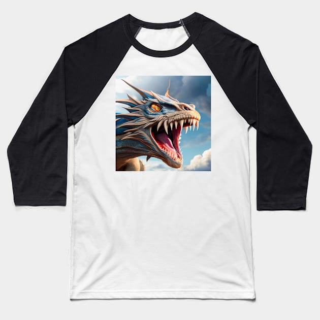 Fierce Blue and White Spikey Dragon Roaring Baseball T-Shirt by dragynrain